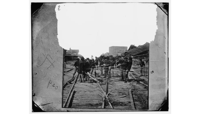 Sherman's men tearing up railroad track Atlanta GA